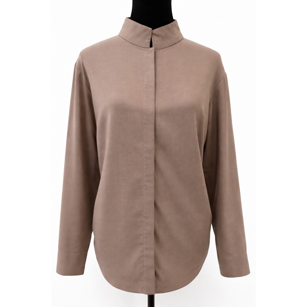 Eileen Fisher Womens‎ Hidden Button Mandrin Collar Blouse Medium Brown 100% Wool